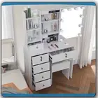 Dressing Table Stool Set With LED Sliding Mirror & 6 Drawers Makeup Vanity Table