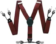 [Aiko Fashion] Men's 35mm Wide Suspenders 6 Clips Adjustable Elastic Leather Braces Solid Color or Pattern (Burgundy)