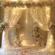 Sheer Curtains with Lights String Champagne Tulle Curtain for Living Room Bedroom Parites Wedding Birthday Decorations 2 Panels 5ftｘ10ft