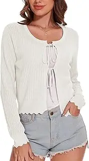 [Bgklfeo] Women's Tie Front Knit Cropped Cardigan Long Sleeve Crochet Sweater Shrug Top