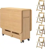 Folding Dining Table and Chairs, Wooden Drop Leaf Dining Table, Modern Extendable Table Butterfly Table with 4 Upholstered Chairs, Space Saving Foldable Table for Kitchen Living Room