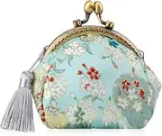 [Oyachic] Embroider Coin Purse Vintage Wallets Canvas Change Pouch Floral Trinkets Small Kiss Lock Clasp Handbag Jewelry Bag Tassels Women, Light green, Coin Purse
