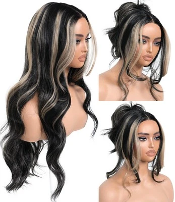 Highlights Synthetic Lace Front Wigs Body Wave Glueless Wigs With Bangs Black...