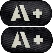 2 Pack Glow Dark Blood Type A+ Positive POS Reflective Patches, Emblem Tactical Morale Military Badges with Hook Loop Fastener Backing