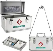 FOREVERIE Premium 14 Inches Empty First Aid Box with an Internal 3 Grid Tray and Shoulder Strap, Aluminum Alloy Framed, Portable Home & Work Medicine Box for Medical and Health Industry Workers