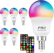 FTL E14 LED Colour Changing Light Bulb, Dimmable RGBW+2700K-6000K Golf Ball LED Bulb with Remote Control, P45 5W(40W Equivalent) Light Bulb for Party, 6-Pack