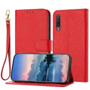 Galaxy A7 2018 /A750 Case Litchi Grain PU Leather Folio Cover Magnetic Closure Flip Wallet Card Slots Stand Case With Hand Strap, Brown - Red