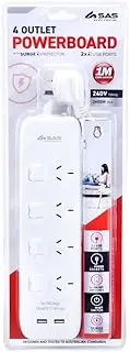 SAS Electrical 240V 10Amp 4 Outlets Switch Power Board with Surge Protection, White, 1 Meter