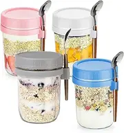 4 Pack Overnight Oats Containers with Lids and Spoons 16 Oz Glass Mason Jars for Overnight Oats Leak Proof Oatmeal Container Great for Cereal Fruit Vegetable Milk Salad Yogurt Meal Prep