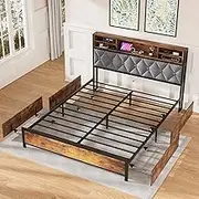 ADVWIN Queen Size Bed Frame with 4 Storage Drawers, Tufted Storage Headboard with Charging Station and USB Port, Rustic Brown & Gray