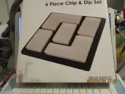 6 Piece Square Chip and Dip Set White Plates on Black Tray NIB