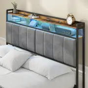 Advwin Double Size Storage Headboard Upholstered with LED Light Charging Station Height Adjustable