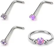 [Mikovivi] Pack of 4 Nose Rings Stainless Steel 18 g L Shaped Nose Pins Steel Hinge Segment Rings with Click Closure for Nostril Septum Helix Rook Ear Lobe Lip Piercings Jewellery (Purple), M, Stainless