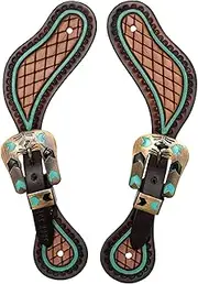 BLACK HOOF | Turquoise Painted | Tooled American Leather Spur Straps, Breastcollar,Slip Ear and Brownband Headstall