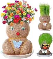 Mkiujhn Grass Head Doll, 3 Decoration Supplies Grass Doll, Grow Your Own Hairy Kits, Grass Head Doll Plant with Trays Spray Bottles, Cat Grass Doll, Educational Grass Head Doll