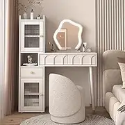 Vanity Desk,Makeup Table with Stool and LED HD Mirror,Telescopic Dresser with 3 Drawers and 2 Cabinets,Lots Storage,Retro
