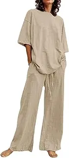 [HanzhuoLG] Women's Casual Loose Two Piece Set Summer Solid Color Crew Neck Half Sleeve T Shirt & Pants 2PCS Set Light Brown X-Large