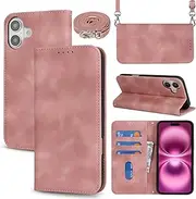 Cavor Flip Cover for iPhone 16 Plus 6.7'' Crossbody Wallet Case for Women Man PU Leather Magnetic Shoulder Lanyard with Card Slots Kickstand Protective Phone Cases-Long Strap Pink