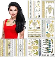 Metallic Temporary Tattoos for Women Teens Girls - 8 Sheets Gold Silver Temporary Tattoos Glitter Shimmer Designs Jewelry Tattoos - 100+ Color Flash Fake Waterproof Tattoo Stickers (Mustique)