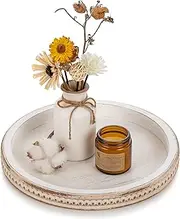 Hanobe Decorative Tray Round Coffee: Beaded White Circle Serving Tray BohoTable Centerpiece Decor Vintage Rustic Wood Kitchen Counter for Living Room Home Bathroom