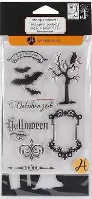 HAMPTON ART Stamp & Stencil HALLOWEEN Bat, Tree, Frame, Sayings 9 Pieces