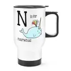 Letter N Is For Narwhal Travel Mug Cup With Handle - Funny Unicorn Thermal Flask