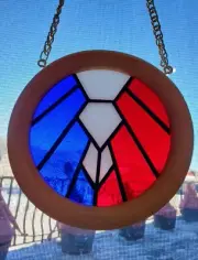 Custom 7" Grateful Dead inspired stained glass suncatcher in wood frame w/ chain