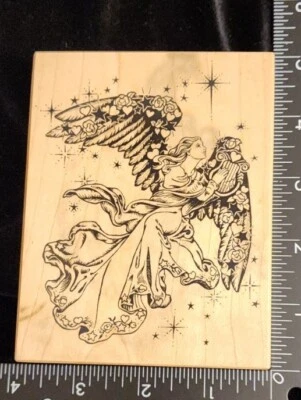 *RARE* NEW PSX K-1332 Angel Harp Stars Rubber Stamp 3.75x4.5" Discontinued