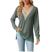 Women's Lace V Neck Contrast Colour Long Sleeve Tops - Army Green