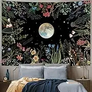 Amhokhui Moonlit Garden Tapestry Boho Moon Tapestry Floral Flower Tapestries Colorful Plants Tapestries Black Wall Hanging Decor for Home