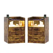 Advwin Set of 2 Bedside Table RGB LED 3 Drawers Nightstand Side Table with Charging Station Black