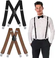 [BDHYYM] Pack of 2 Men's Braces Extra Strong with 4 Extra Strong Clips, Braces for Men Wide 3.5 cm, Adjustable and Elastic, Very Suitable for Large or Heavy People, Black Camel, 3.5X120cm