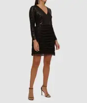 Aidan by Adrianna Papell Women Black Sequins Fringed Sheath V-Neck Dress Size 14