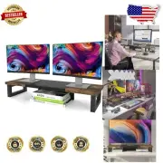 Multi-Functional Rustic Brown Dual Monitor Stand with Storage - Easy Assembly