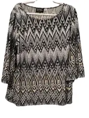 Bob Mackie Wearable Art Size 1X Top Gray Peacock Feather Design Bell Sleeves NWT