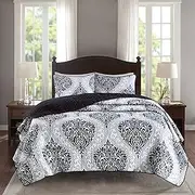 Comfort Spaces Coco 2 Piece Quilt Coverlet Bedspread Ultra Soft Printed Damask Pattern Hypoallergenic Bedding Set, Twin/Twin XL, Black
