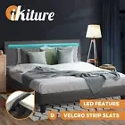 Oikiture Bed Frame RGB LED Double Size Mattress Base Platform Wooden Grey Fabric