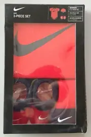 Nike Baby Hat, Bodysuit, Booties 3 Piece Gift Box Set Red Swoosh 6-12 Months