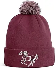 [Purple Print House] Horse Embroidered Bobble Hat Horse Owners Gifts Galloping Horse Riding Stables Warm Winter Beanie Hat Womens