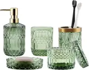 Glass Bathroom Accessory Set 5Pcs Green Lotion Dispenser Soap Dish brush Holder