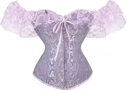 [Michellecmm] Women Corset Top with Lace Sleeve Lace Up Corset Bustier Boned Overbust Corset Bodyshaper Lingerie Top