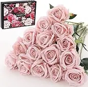 15Pcs Artificial Roses Velet Real Touch Single Stem Fake Rose Silk Realistic Flowers Bridal Bouquet Arrangements Home Office Party Wedding Decoration (Light Pink - 15pcs)
