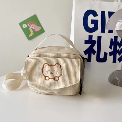 Hot Cute Teddy Bear Embroidered Diagonal Shoulder Bag Corduroy Leisure Bag Women