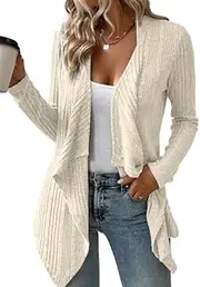 [FGAoTeng] Women's Draped Open Front Cardigan for Fall Winter - Lightweight Knit Ribbed Sweater Long Sleeve Soft Outerwear Casual Solid Loose Fit V Neck Coat for Office Daily Wear