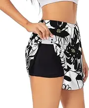 [WURTON] Black and White Flowers Print Exercise Gym Workout Shorts Women's Athletic Shorts Dual-Layered Yoga Running Shorts