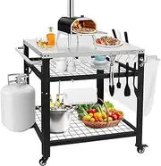 [M METERXITY] Stainless Steel Outdoor Grill Cart, Movable Pizza Oven Table with Wheels and Handle, Three-Shelf Pizza Oven Stand for Ooni Pizza Oven 31.5"x 24"x 35.4"