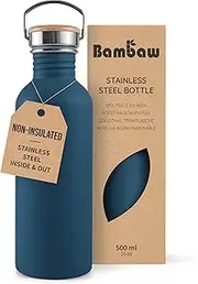 Bambaw Small Metal Water Bottle 16 oz, Navy Blue Water Bottle Dishwasher Safe, Non-insulated Single Wall Stainless Steel Bottle, Small Water Bottle Reusable, Water Bottle no Straw – Aegean Blue