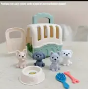 Mini Dollhouse 1:6 Pet Carrier With Pets Puppy Dog Bowl Bone Green Dog Crate