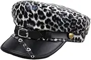 [Greenery-GRE] Womens Leopard Print PU Leather Newsboy Hat Peaked Beret Cap Studded Punk Cadet Captain Sailor Hat Military Flat Top Cap