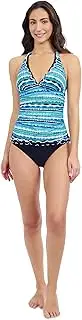 [Profile by Gottex] Women’s Blue Multicolor Tricolore Halter Neck Detail Tankini with Soft Cups and Full Lining Swim Essential